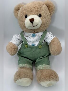 Plush Teddy Bear in Beige with Green Overalls - Soft Cuddly Toy